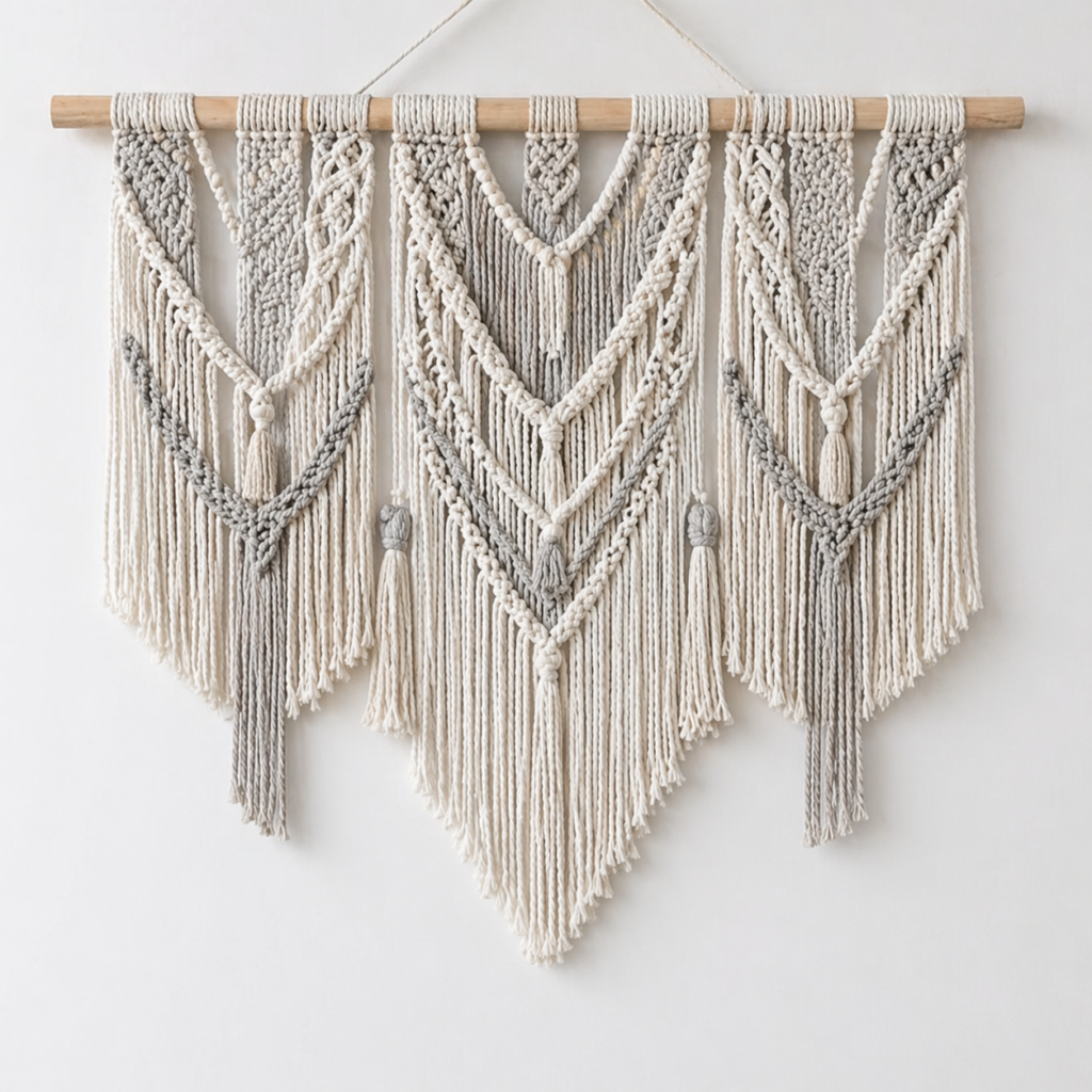 Artistic wall hanging in white and light grey tones with elegant textured detailing