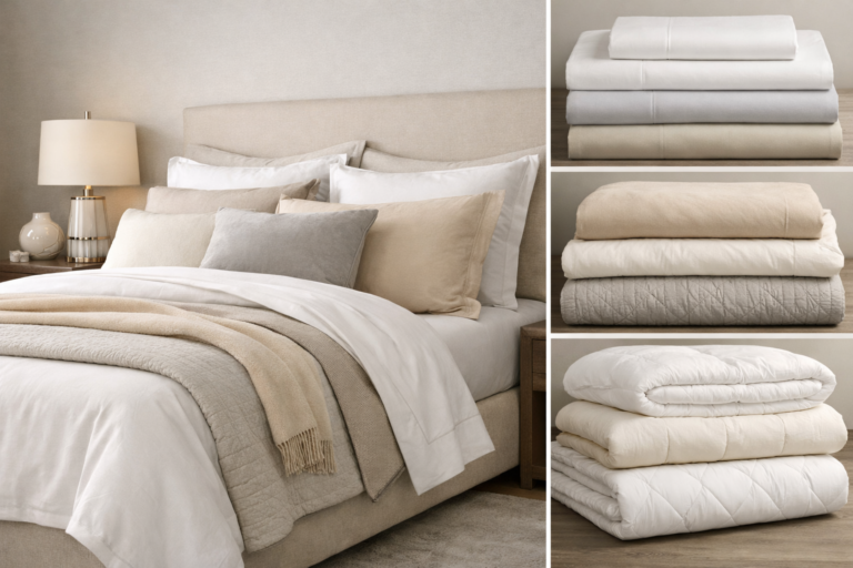 Premium bed linens collection featuring bedsheets, pillow covers, duvet covers, quilts, comforters and folded bedding sets in a modern bedroom