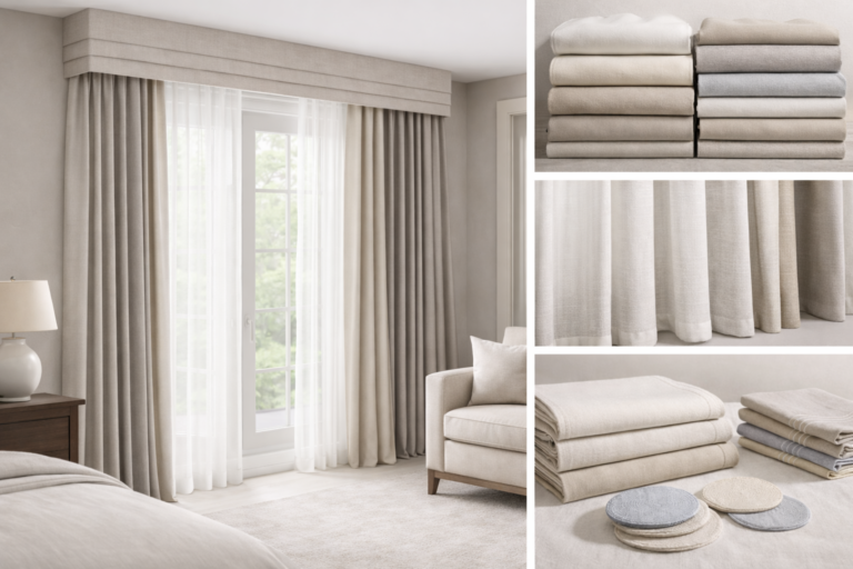 Premium curtains and drapery category image showing an elegant modern interior with full-length curtains, soft sheer curtains, layered drapery panels, and a decorative valance, alongside neatly arranged curtain fabrics in a clean divided layout.