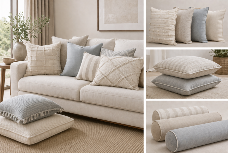 Premium cushions and pillows category image showing a modern neutral-toned sofa styled with decorative cushions and pillows, floor cushions placed neatly below, and a clean divided layout featuring cushion covers, floor cushions, and elegant bolsters.