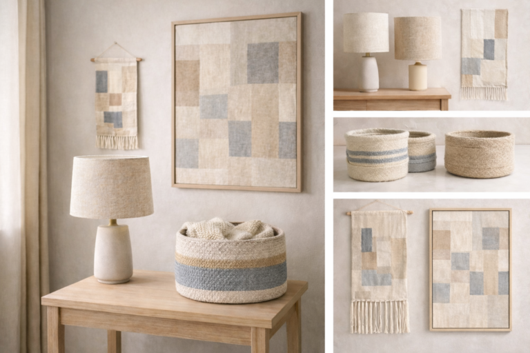 Premium custom collections category image showing decorative fabric lamp shades, woven fabric baskets, wall hangings, and decorative fabric panels in a clean neutral-toned divided layout.