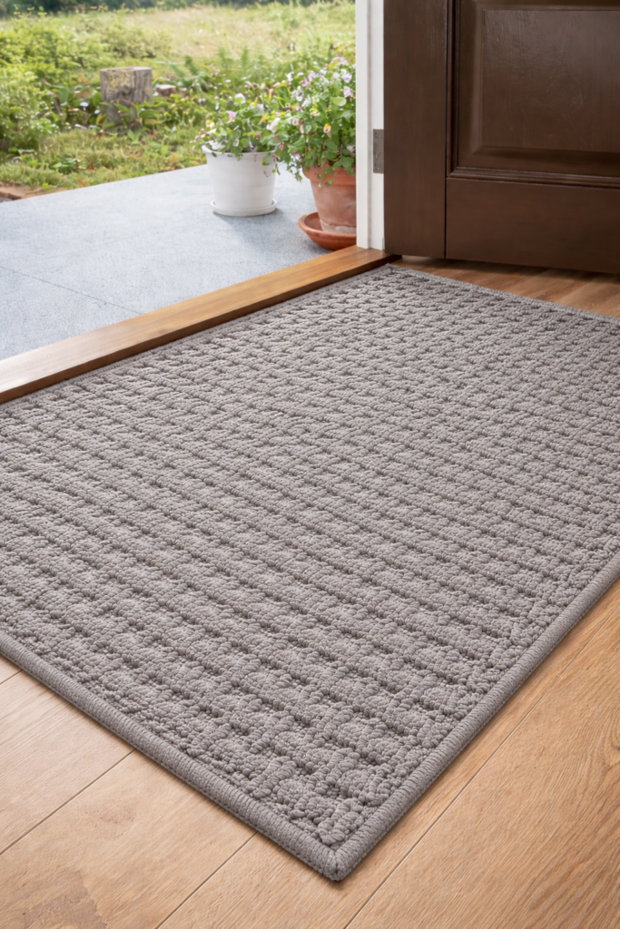 Decorative grey doormat placed at a modern home entryway with textured woven surface
