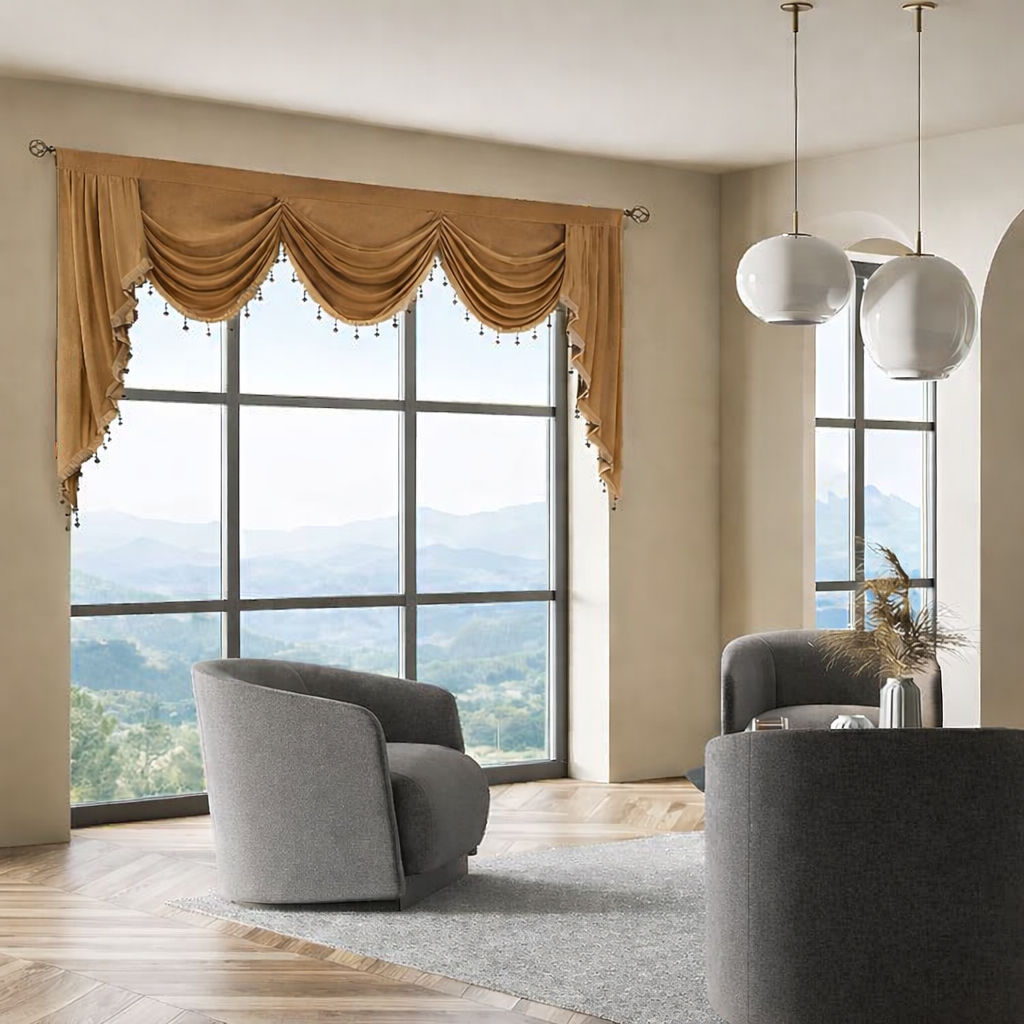 Decorative light brown valances for elegant window styling