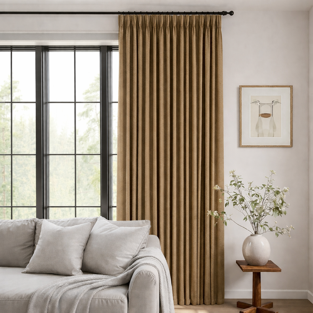 Elegant teak curtains in a modern living room with light grey cushions and a coordinated soft throw for a refined interior look