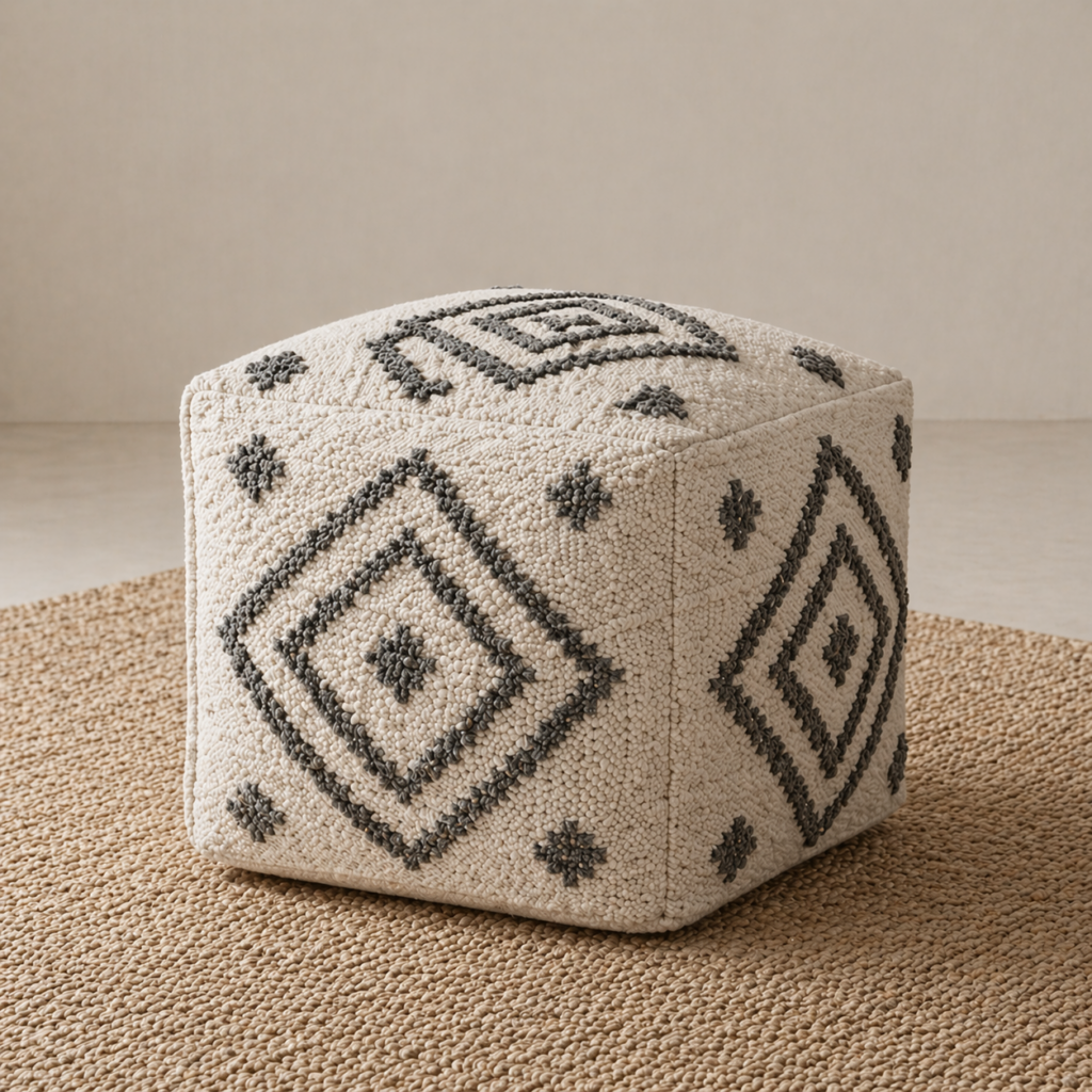 Decorative pouffe with textured woven surface and geometric embroidered detailing