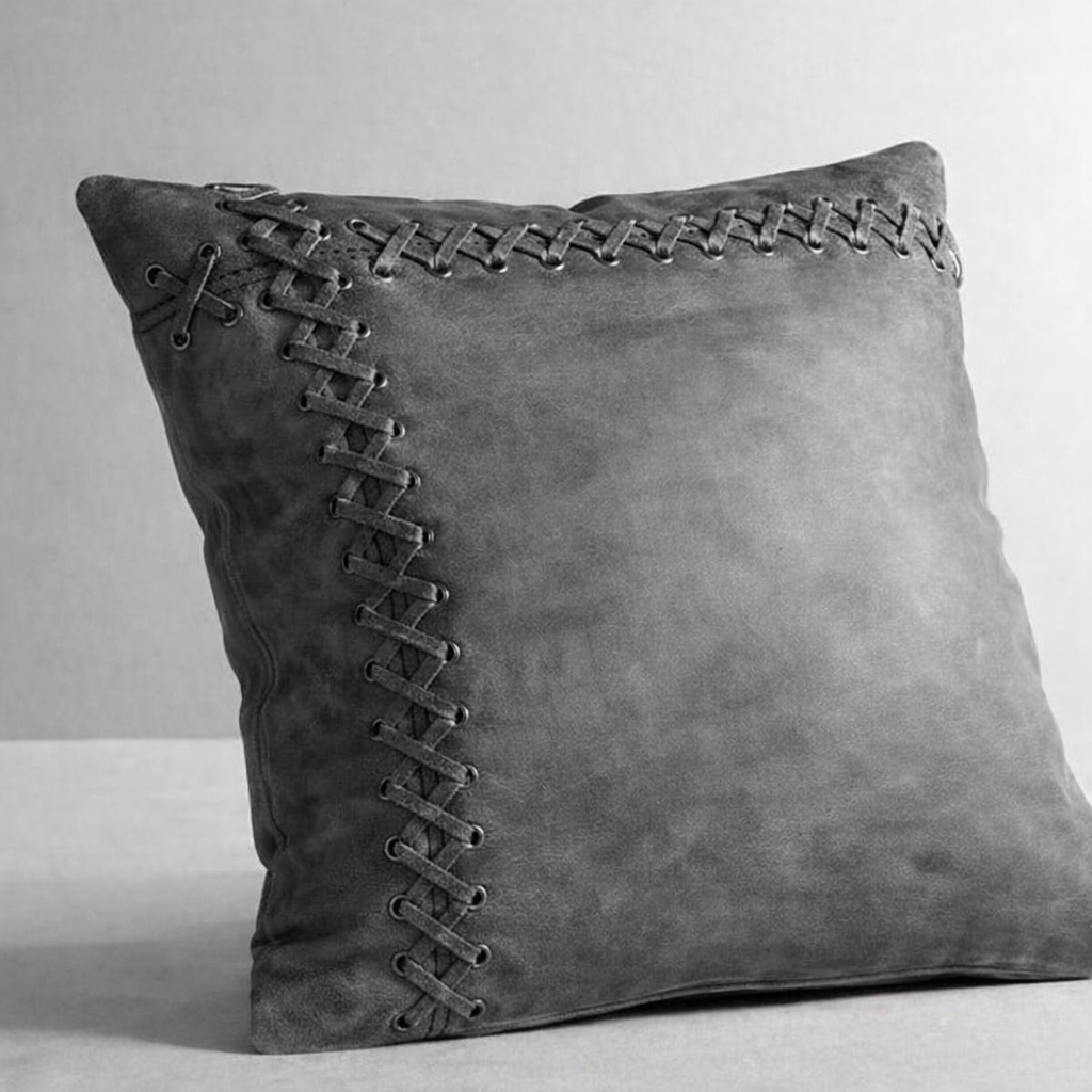 Grey decorative cushion cover with stitched lace detailing and premium textured finish