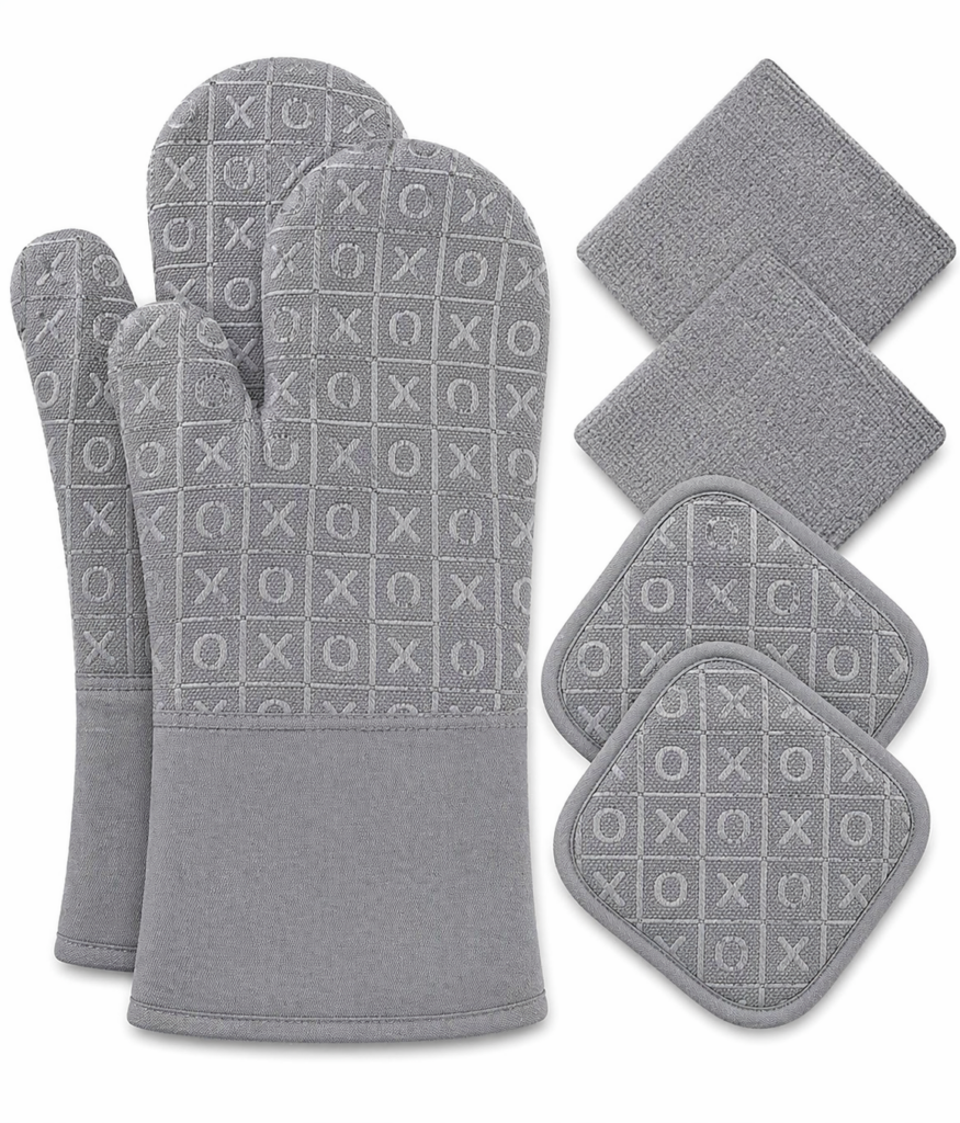 Grey oven mitts with padded textured finish for safe and comfortable heat protection
