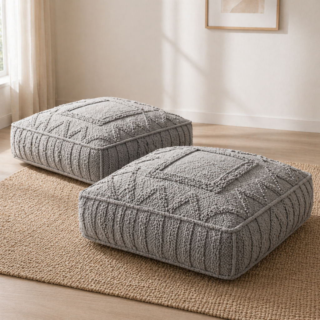 Oversized floor cushions in grey tone with textured woven detailing for comfortable casual seating