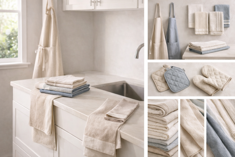 Premium kitchen linens category image showing a modern kitchen styled with aprons, kitchen towels, tea towels, oven mitts, and pot holders arranged in a clean divided layout with soft neutral tones.