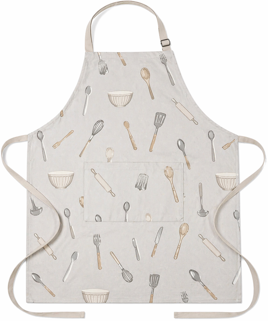 Kitchen apron with utensil print and front pocket for practical everyday use