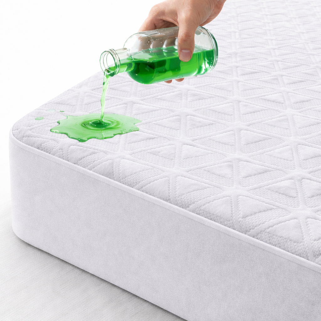 Light grey waterproof mattress protector with green liquid demonstrating spill protection