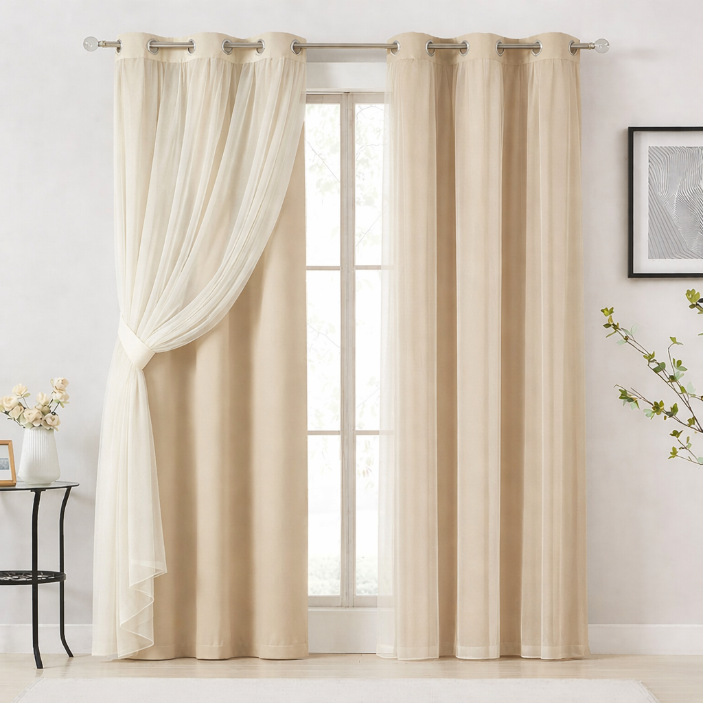 Luxury drapery panels with light beige back curtains and cream sheer front curtains styled over a modern window