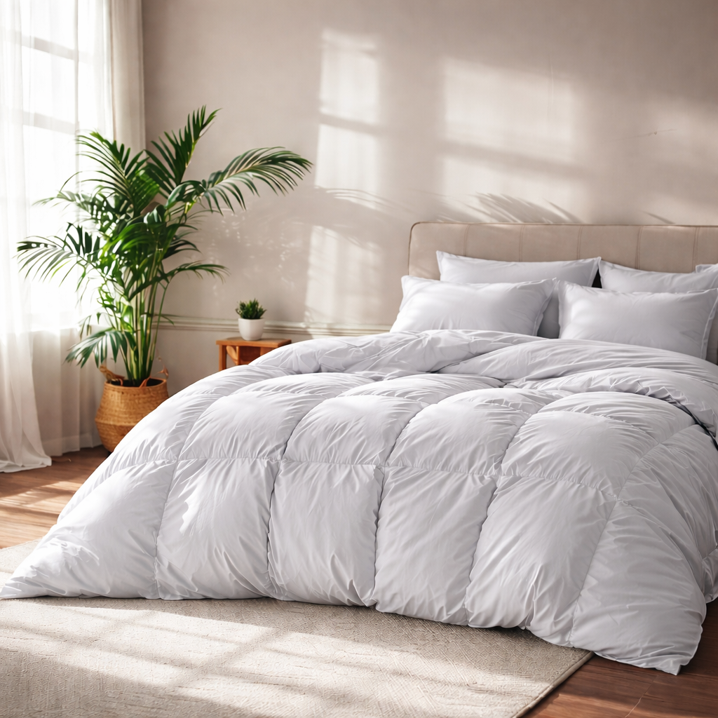 Luxury light grey duvet cover set styled on a modern bed in a bright elegant bedroom with matching pillows