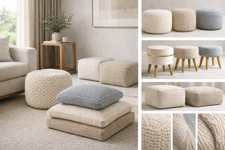 Premium pouffes and floor cushions category image showing an elegant lounge corner with knitted pouffes, upholstered pouffes, pouffes with wooden legs, and large floor cushions arranged in a clean divided layout with soft neutral tones.