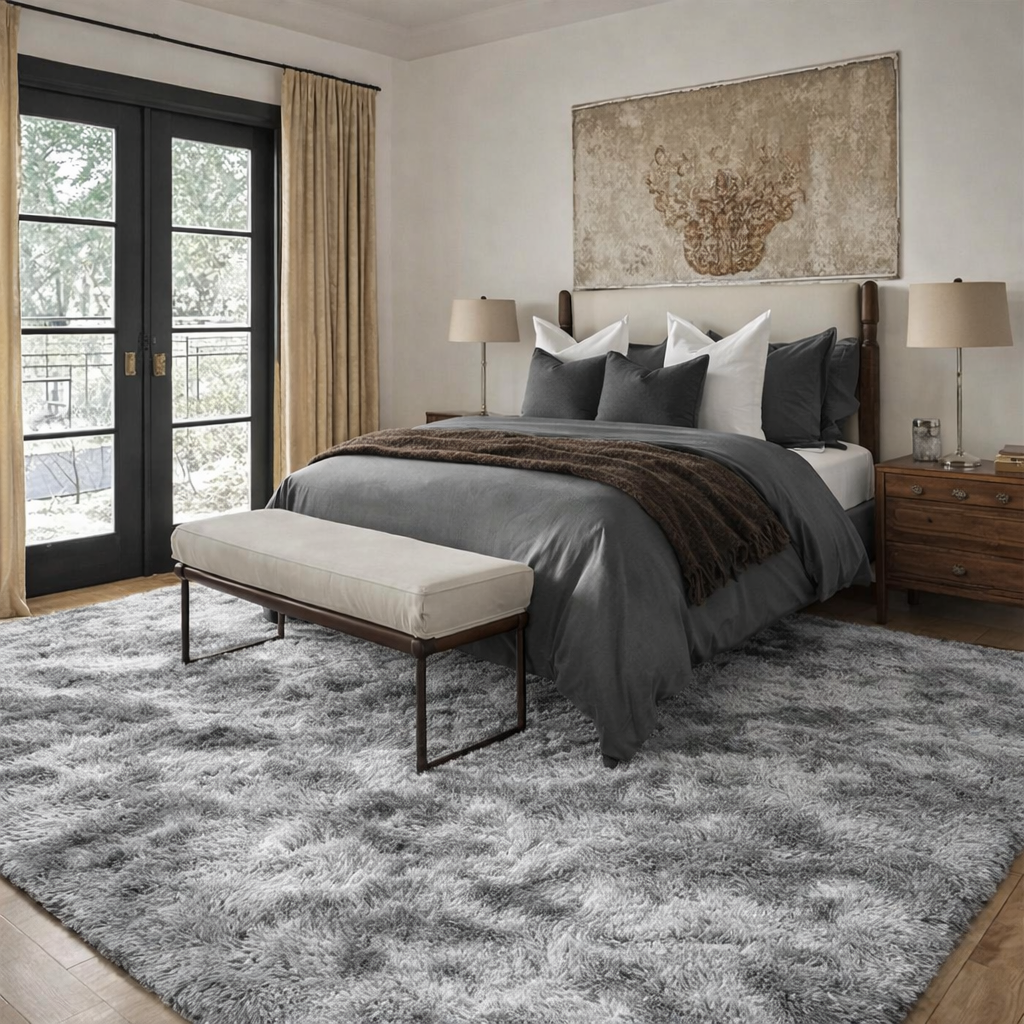 Premium light grey carpet styled in an elegant bedroom with dark grey bedding and cushions