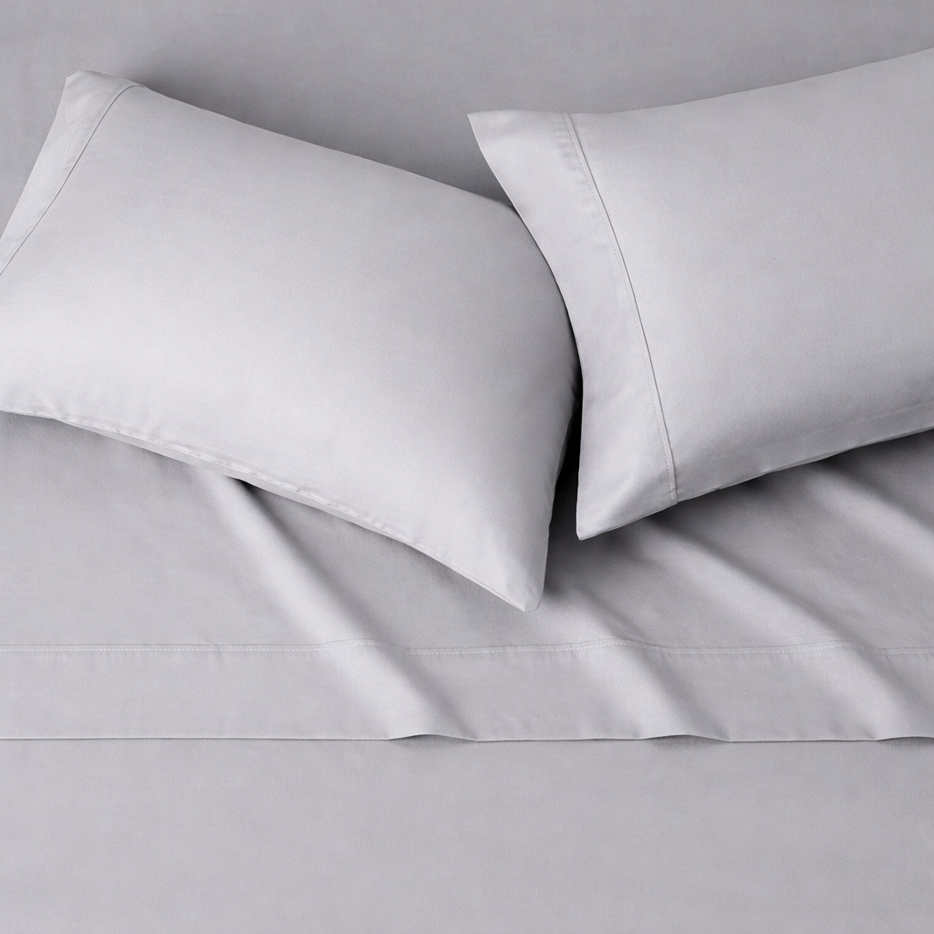 Premium light grey cotton bedsheet set with matching pillow covers in a luxury minimalist bedroom setting