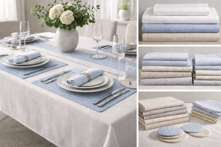 Premium table linens category image showing an elegant modern dining table styled with a light neutral tablecloth, soft blue table runner, matching placemats, folded cloth napkins, and fabric coasters, with neatly stacked table linens displayed in a clean divided layout.
