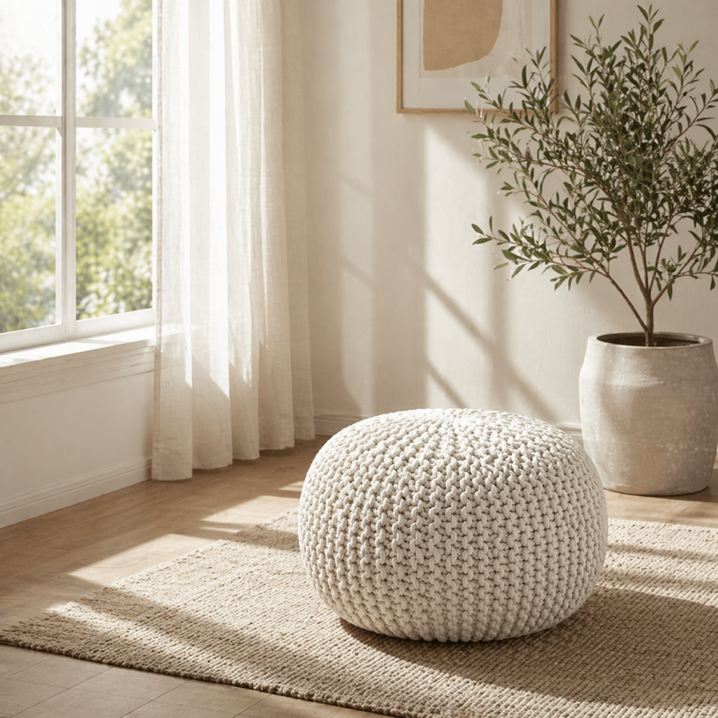Round knitted pouffe with textured woven finish for stylish and comfortable seating