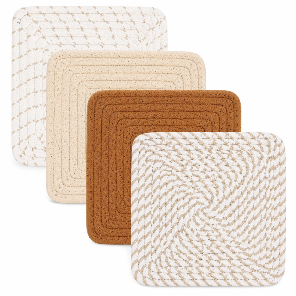 Square pot holders with woven braided texture for safe and practical heat protection