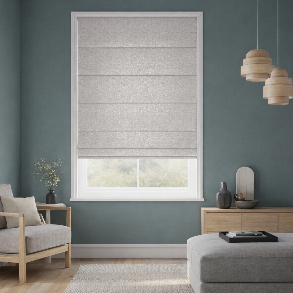 Textured light grey blinds and shades for modern window styling