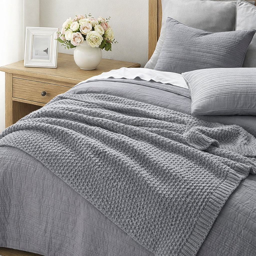 Textured grey knit throw styled for elegant and cozy bedding