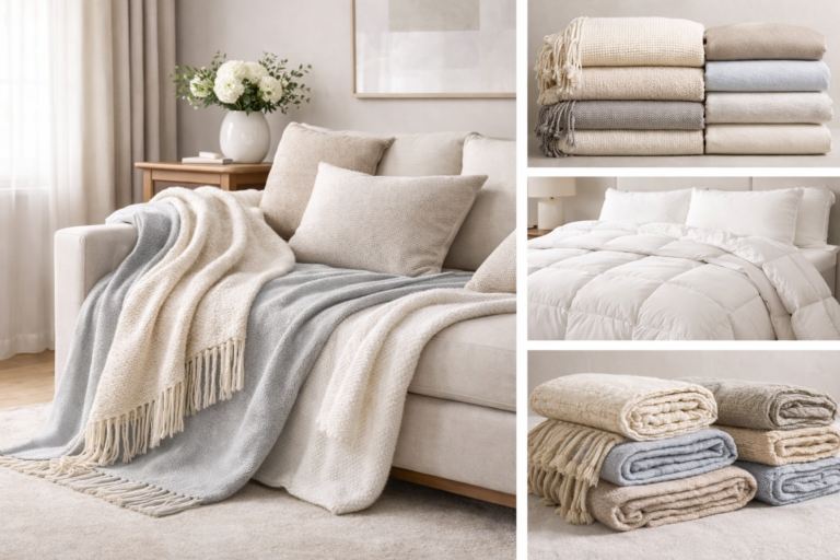 Premium throws and blankets category image showing a cozy modern sofa styled with decorative throws and soft blankets, alongside neatly arranged folded throws, a winter blanket on a bed, and decorative afghans in a clean divided layout.